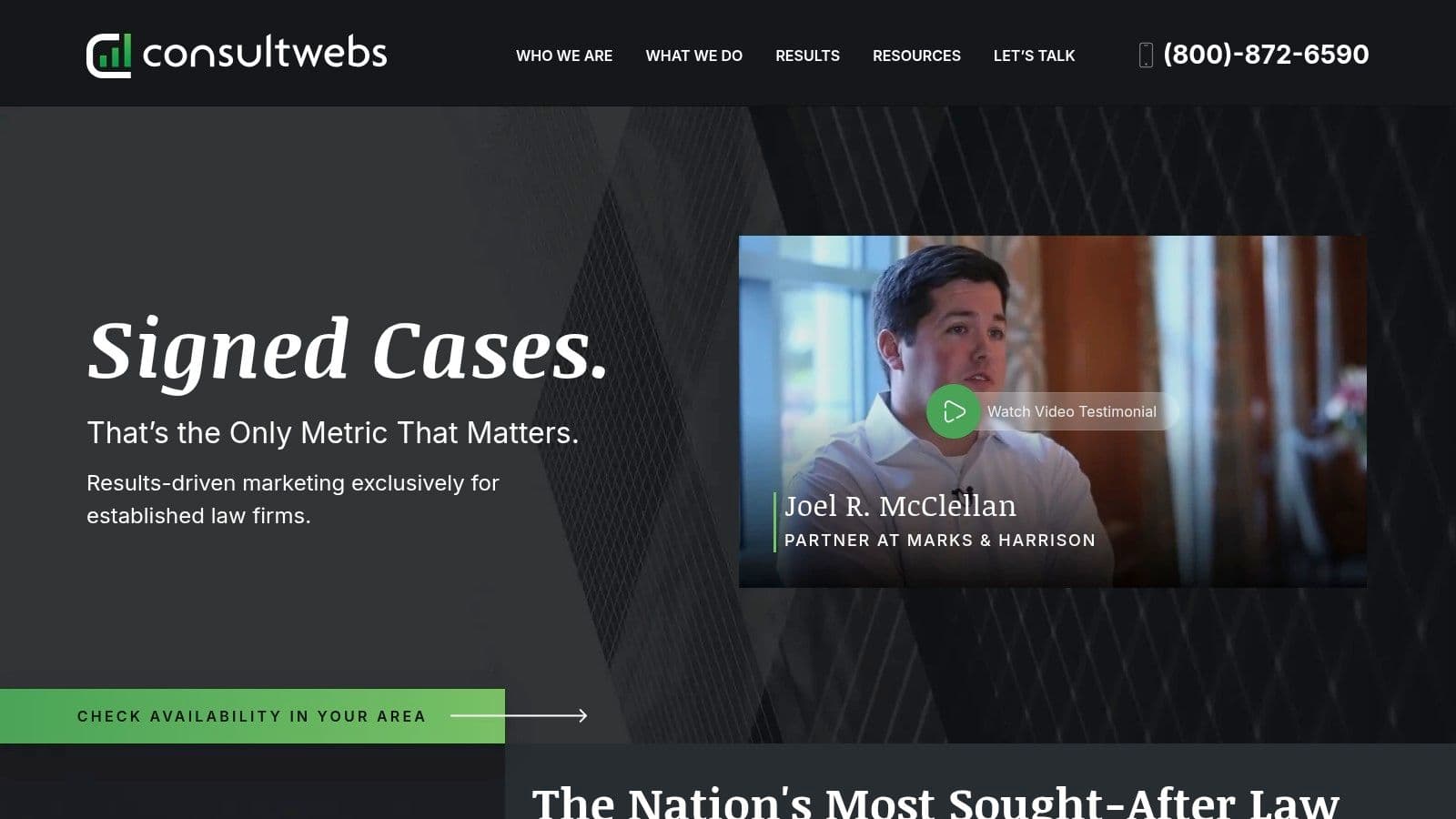 Consultwebs homepage: "Signed Cases. That's the Only Metric That Matters", with results-driven marketing exclusively for established law firms (homepage as captured in 2025).