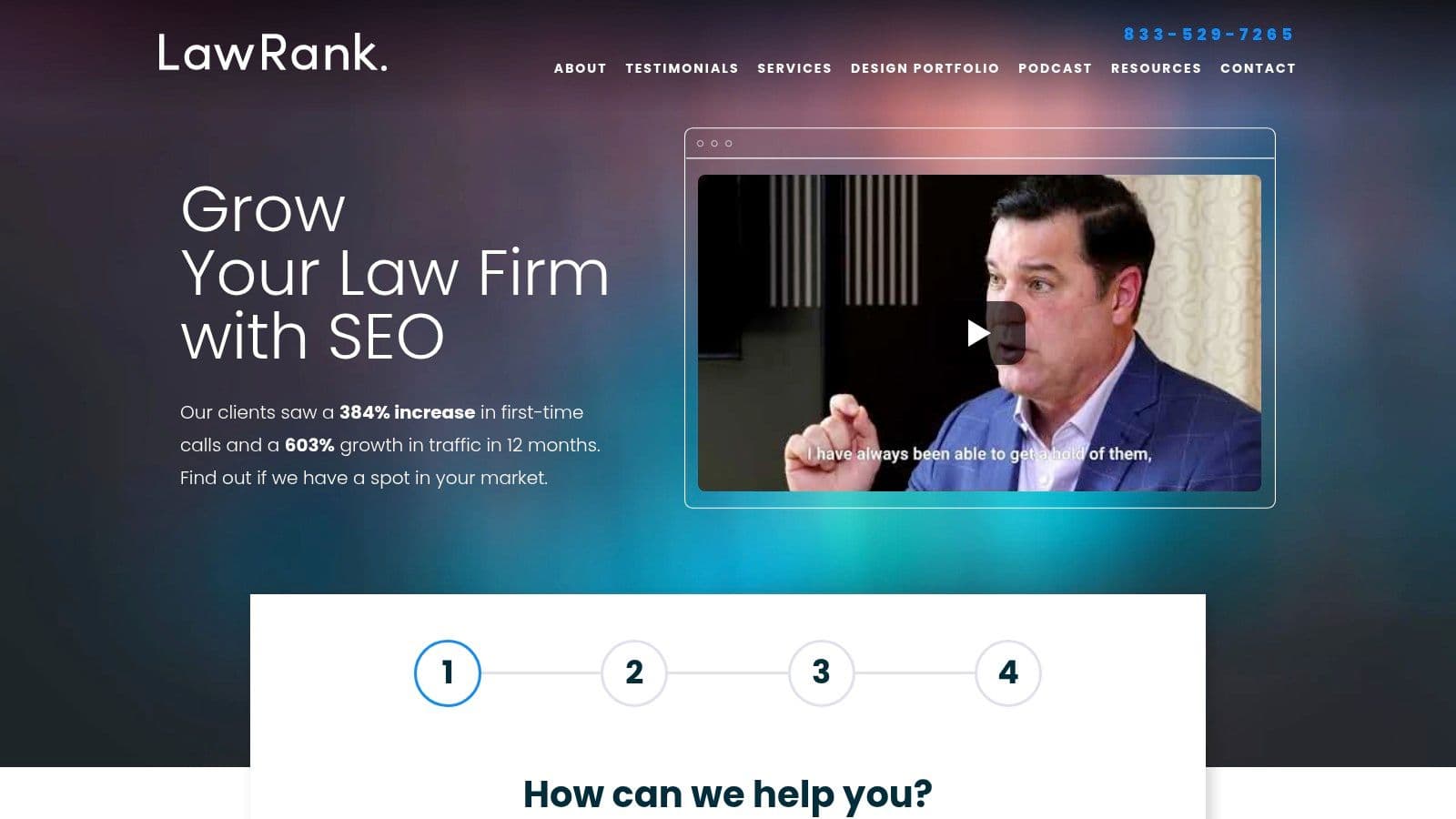 LawRank homepage: "Grow Your Law Firm with SEO", with a four-step form (homepage as captured in 2025).