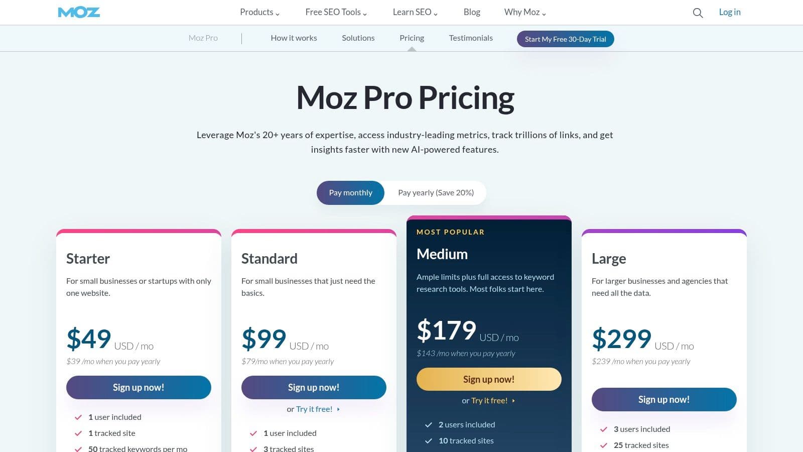 Moz Pro pricing page showing four plans: Starter at $49, Standard at $99, Medium at $179 and Large at $299 a month, each cheaper with yearly billing.