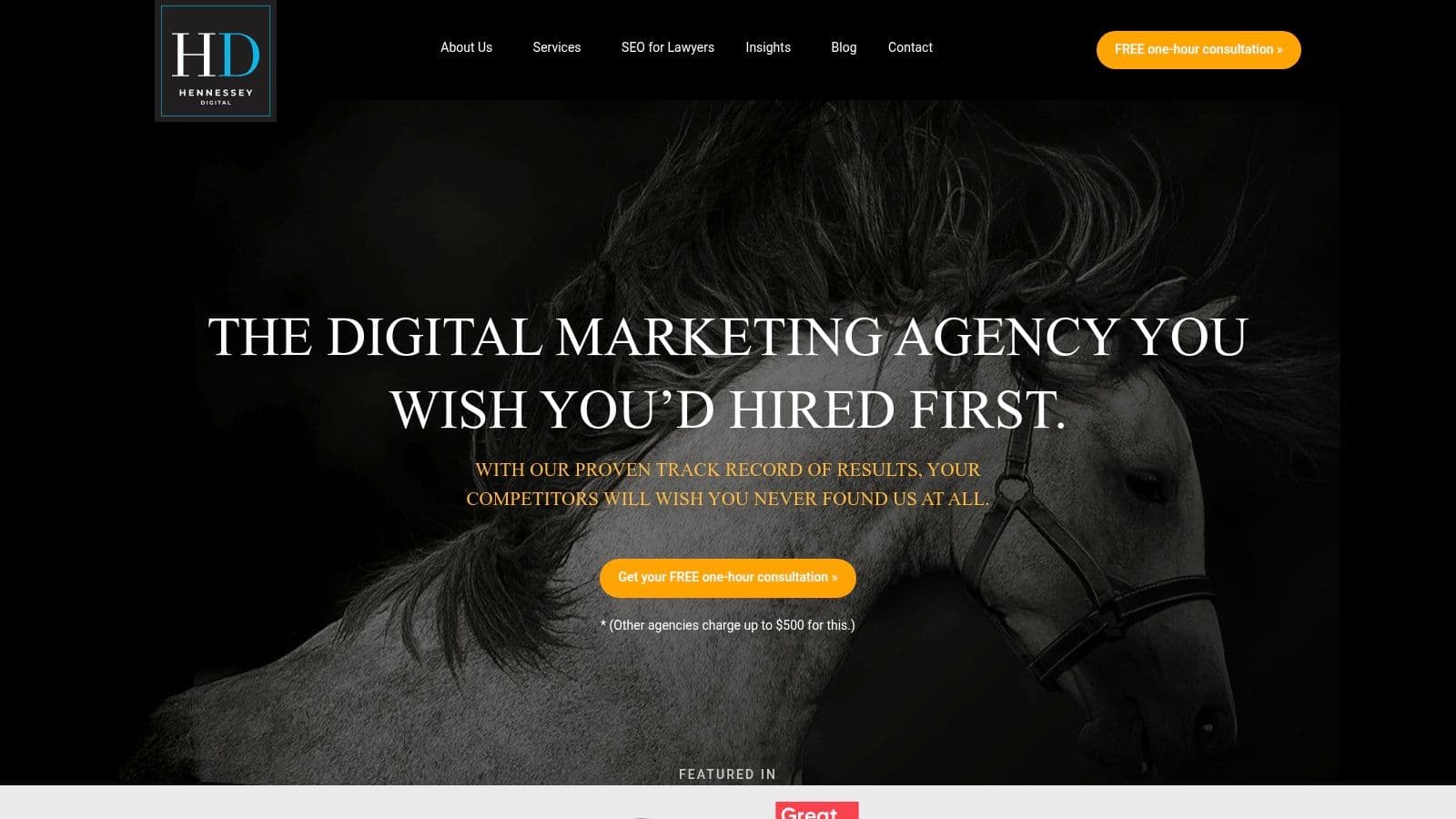 Hennessey Digital homepage: "The digital marketing agency you wish you'd hired first", with a free consultation offer (homepage as captured in 2025).