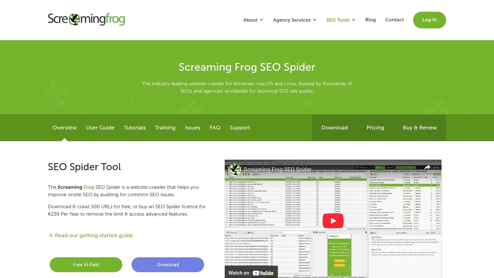 Screaming Frog SEO Spider overview page