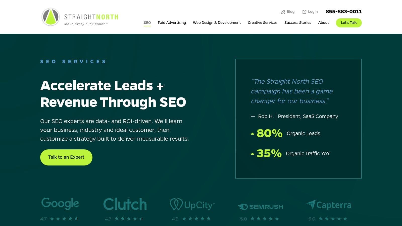 Straight North's SEO services page headline "Accelerate Leads + Revenue Through SEO", with a client testimonial and review badges (page as captured in 2025).