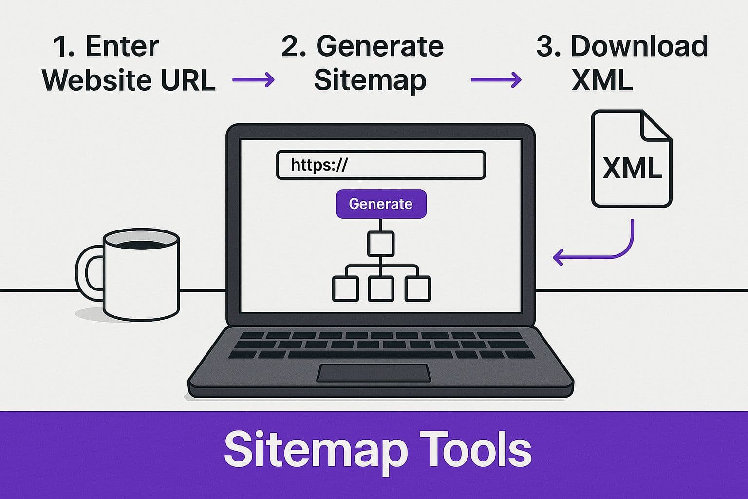 Online sitemap generators follow three steps: enter your website URL, generate the sitemap, download the XML file