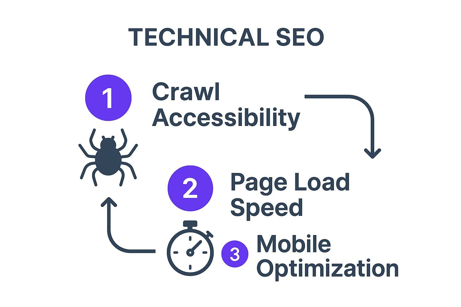 Diagram of a basic technical SEO check: crawl accessibility, page load speed and mobile optimization, checked in a loop.