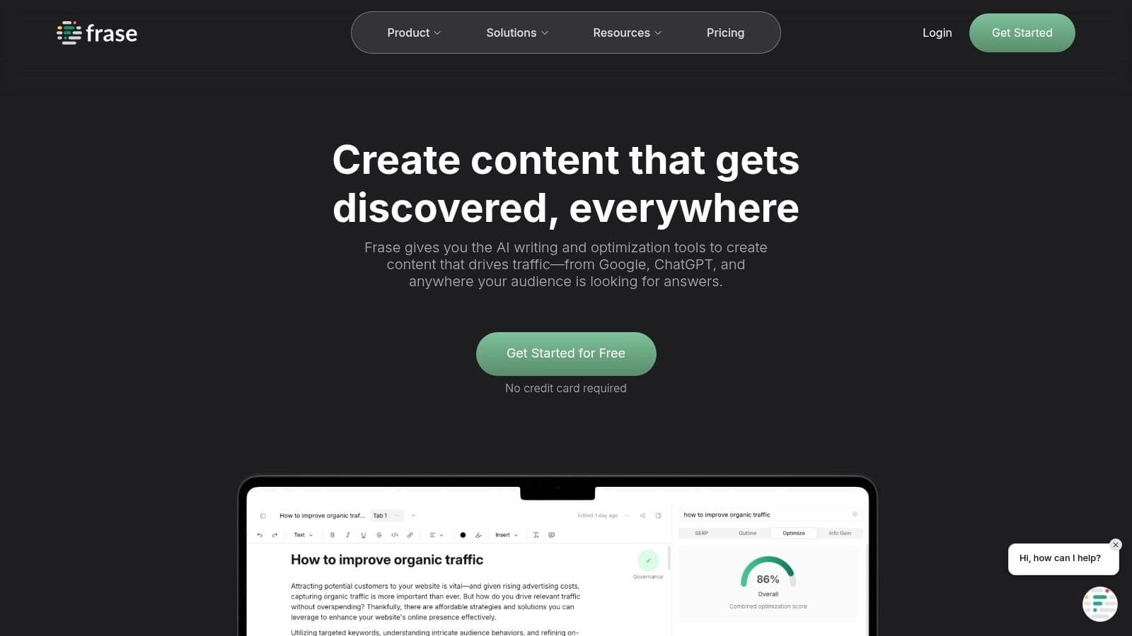 Frase homepage showing its AI writing and optimization editor with a content score