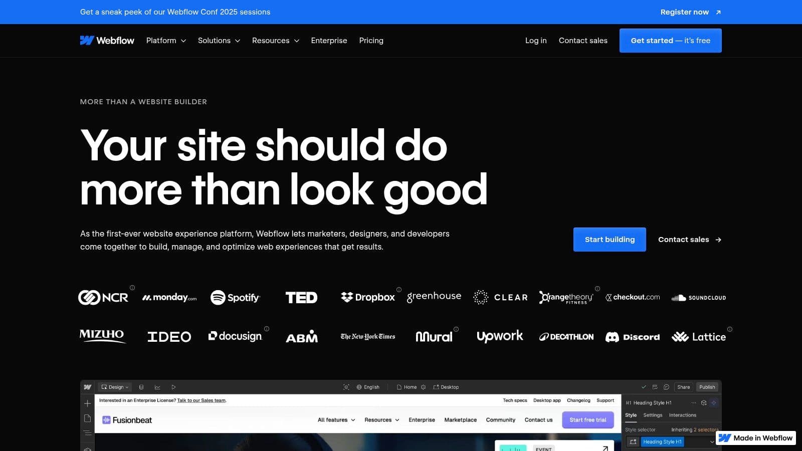 Webflow homepage, describing Webflow as a website experience platform for marketers, designers and developers