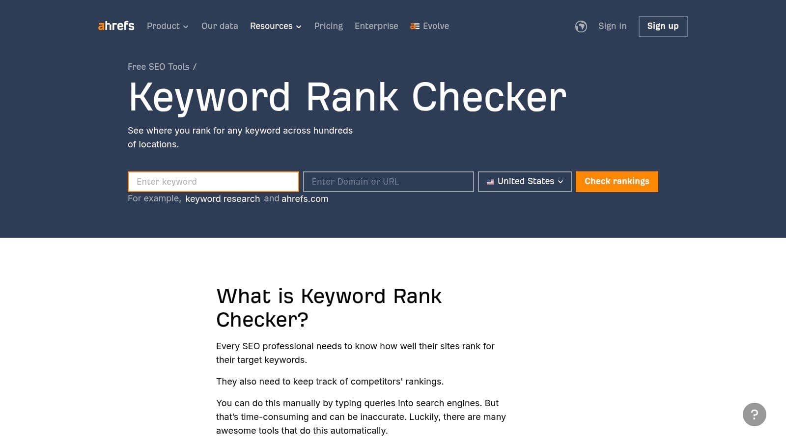 Ahrefs' free Keyword Rank Checker page: a keyword field, a domain or URL field, a country selector and a Check rankings button.