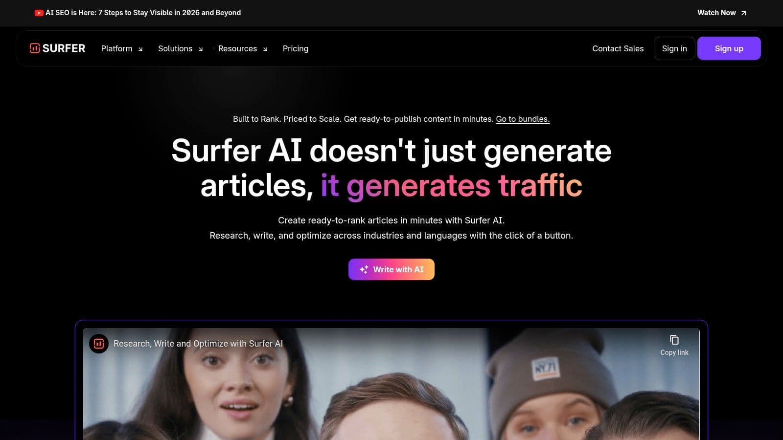 Surfer homepage showing Surfer AI, which researches, writes and optimizes articles