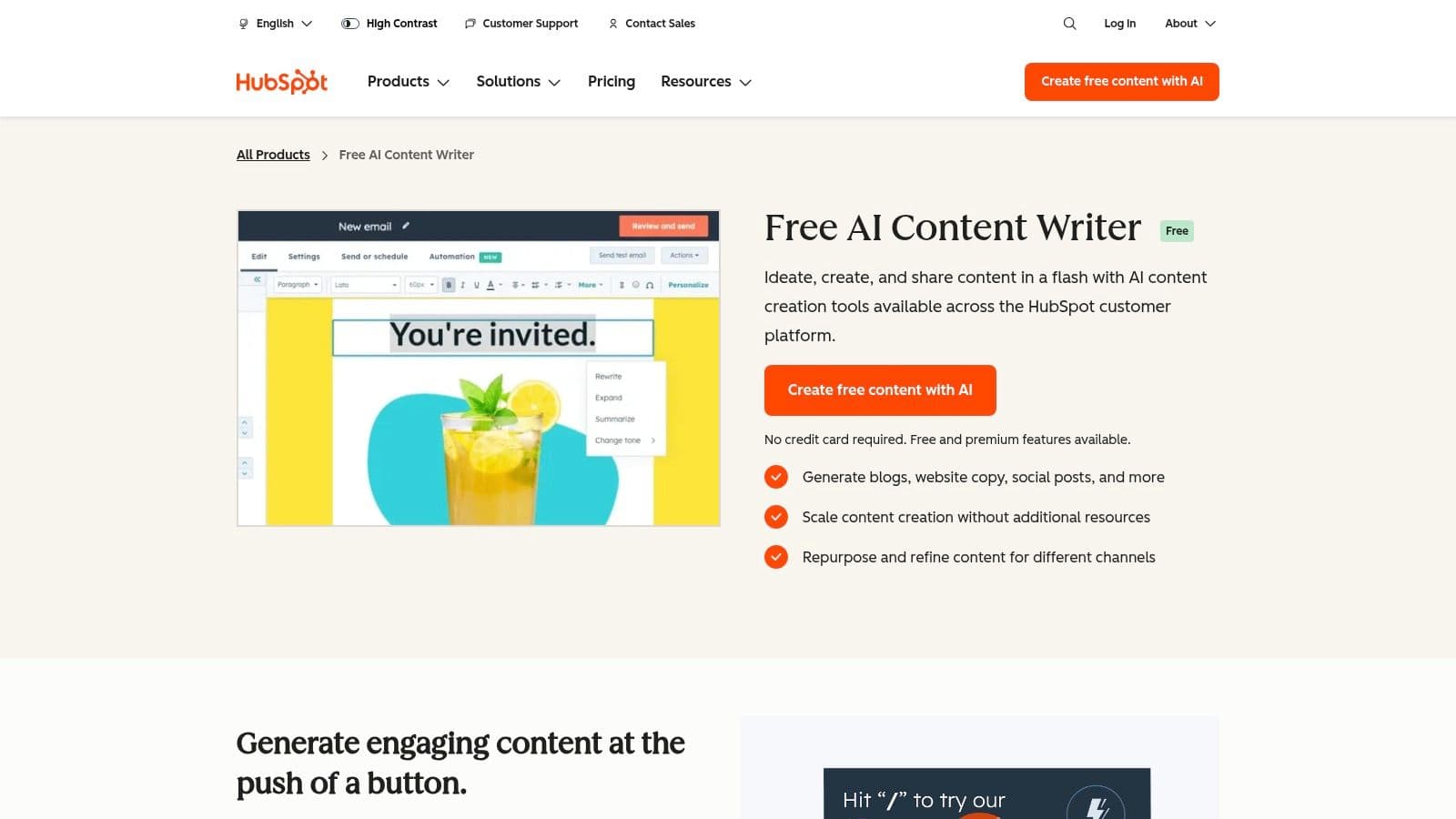 HubSpot's free AI content writer page, which drafts blogs, website copy and social posts