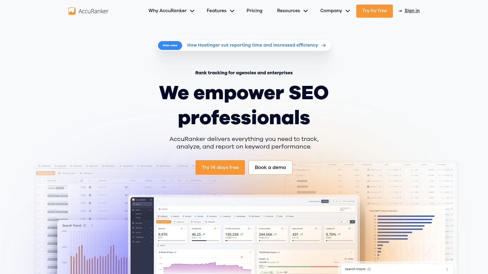 AccuRanker's homepage with a rank tracking dashboard preview showing keyword positions, share of voice and traffic estimates.
