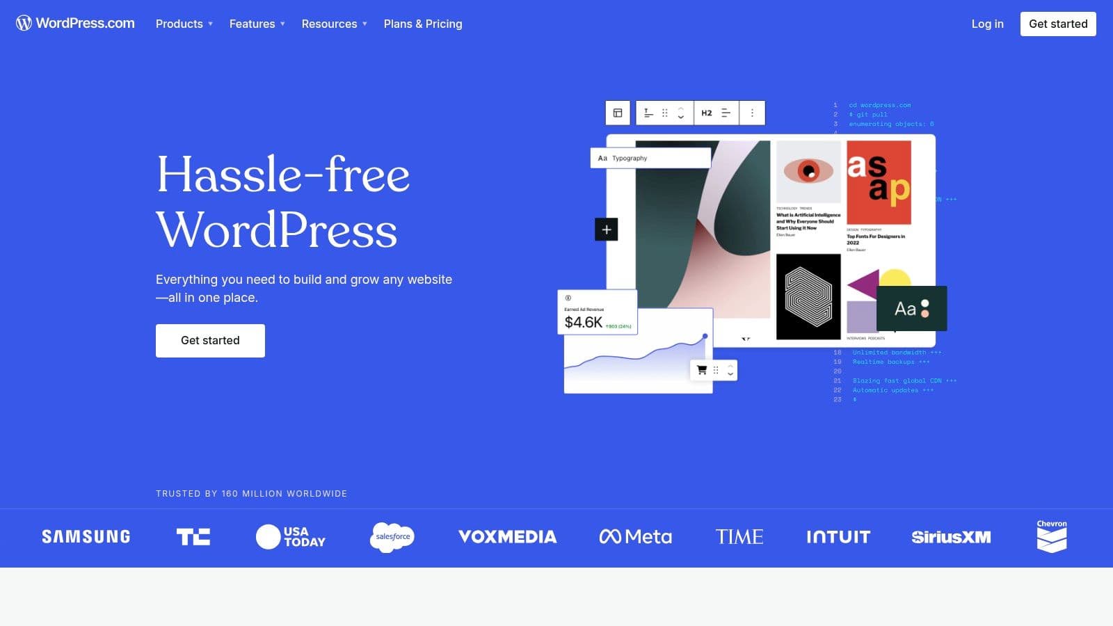 WordPress.com homepage, the hosted version of WordPress that handles hosting, updates and security