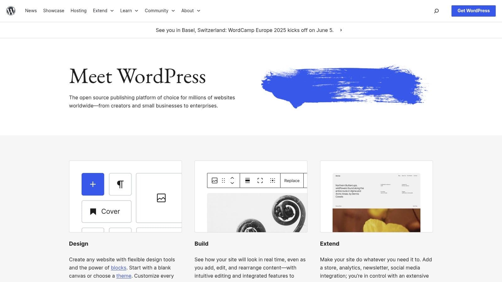 WordPress.org homepage, where you download the free, open-source WordPress software