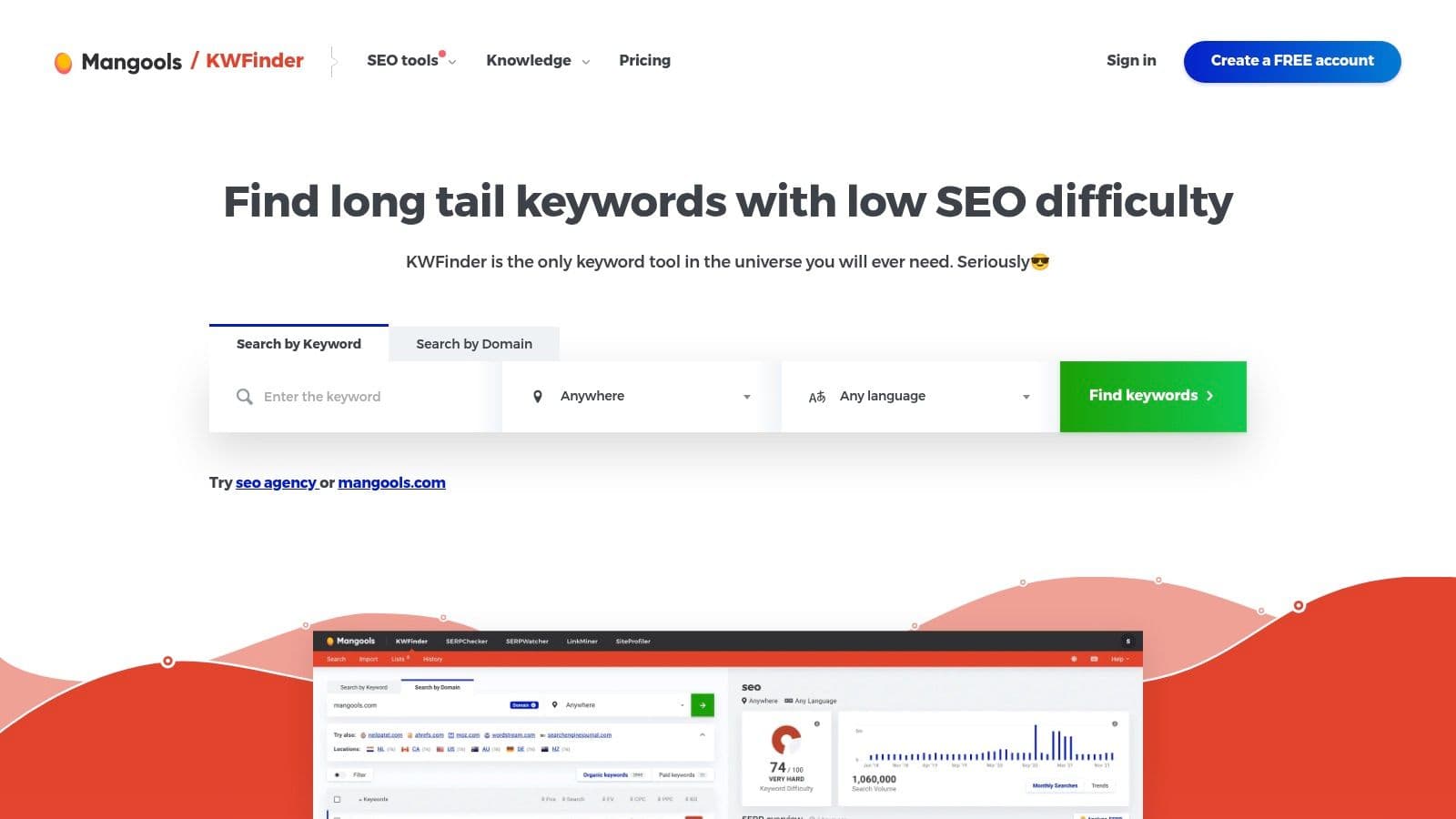 KWFinder by Mangools: find long-tail keywords with low SEO difficulty