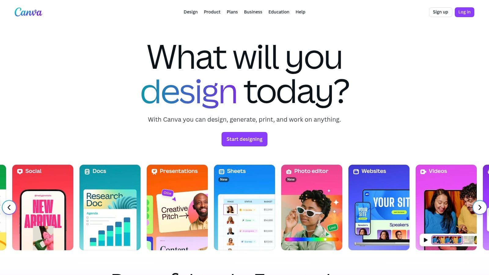 Canva's homepage with templates for social posts, documents, presentations and videos