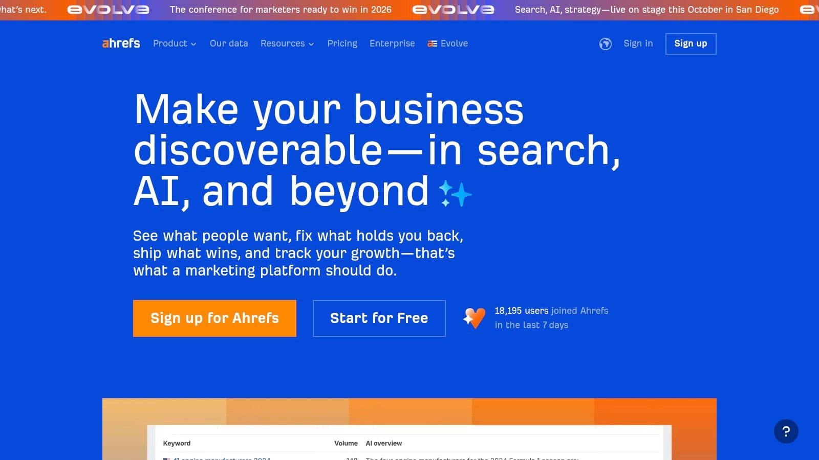 Ahrefs homepage: make your business discoverable in search, AI and beyond