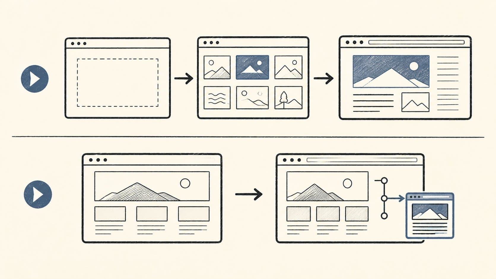 Editorial illustration showing two parallel setup paths for starting a business blog: one path beginning from scratch with template selection and domain connection, the other showing an existing website with a blog subfolder added to it