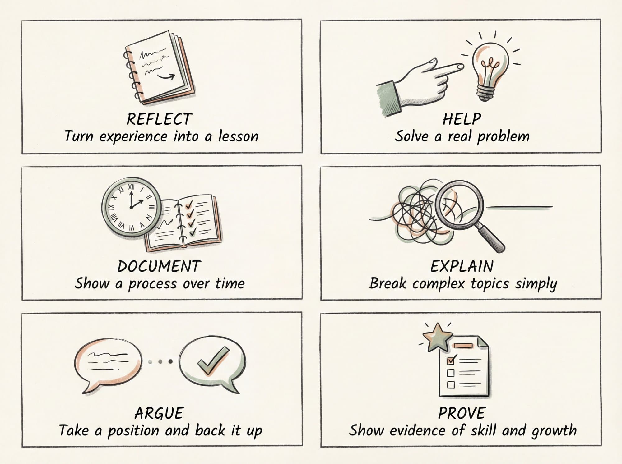 Six types of student blog posts in a grid: reflect, help, document, explain, argue and prove