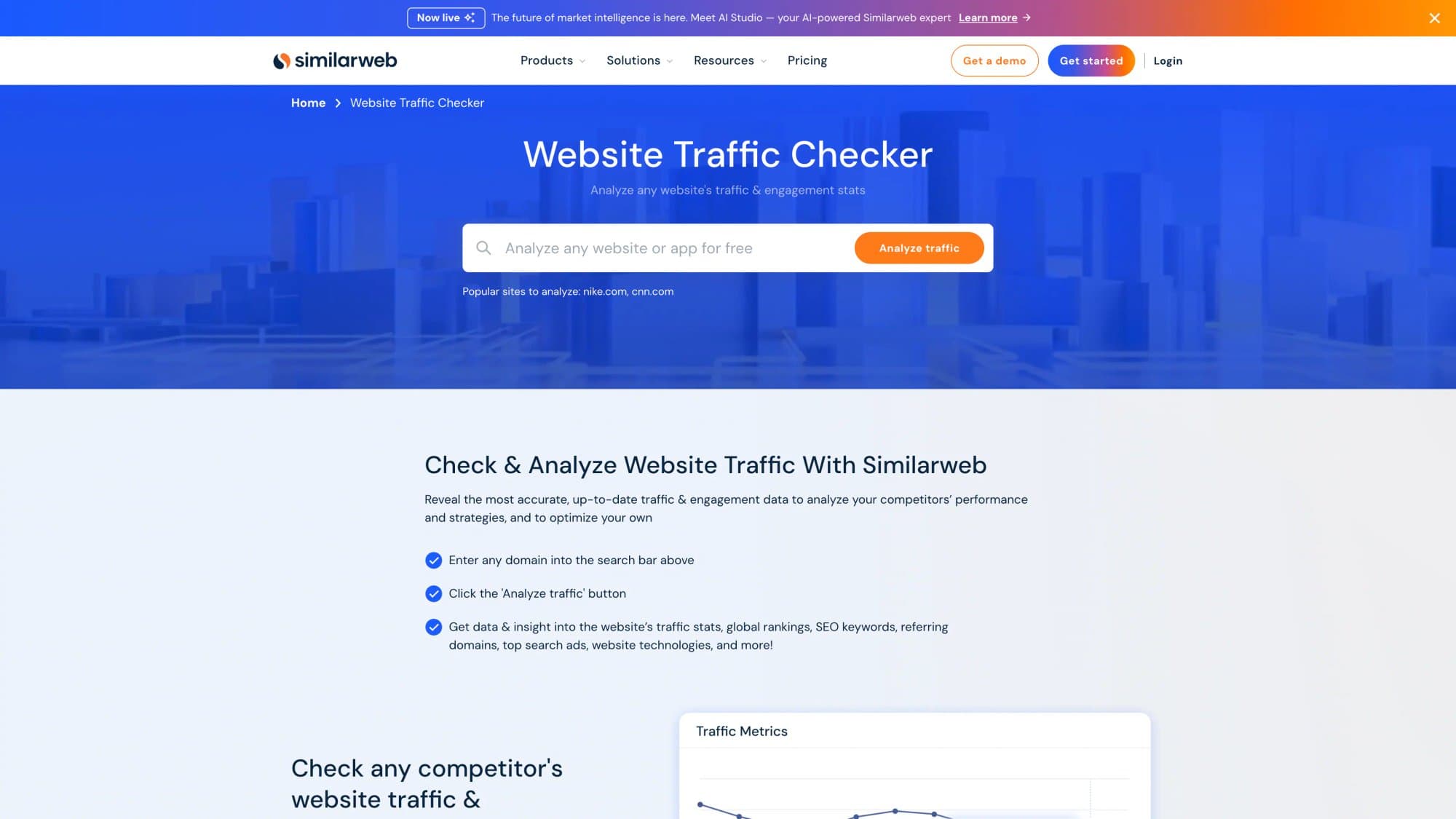 Similarweb's free Website Traffic Checker page with a search bar to analyze any website or app