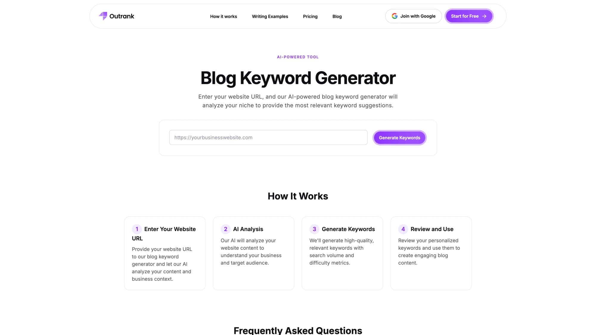 Outrank's free Blog Keyword Generator: enter a website URL to get keyword suggestions with search volume and difficulty