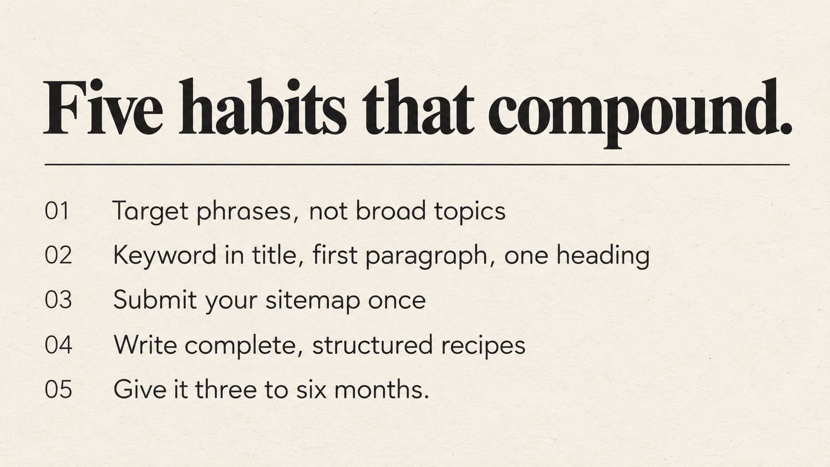 Typographic card listing five foundational SEO habits for new food bloggers, designed in editorial print style