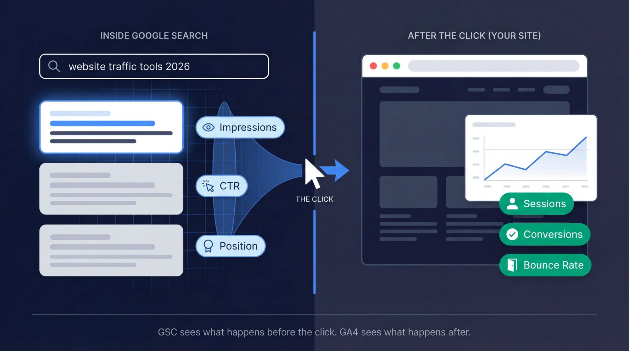 Diagram: Search Console measures impressions, CTR and position inside Google Search; GA4 measures sessions, conversions and engagement after the click