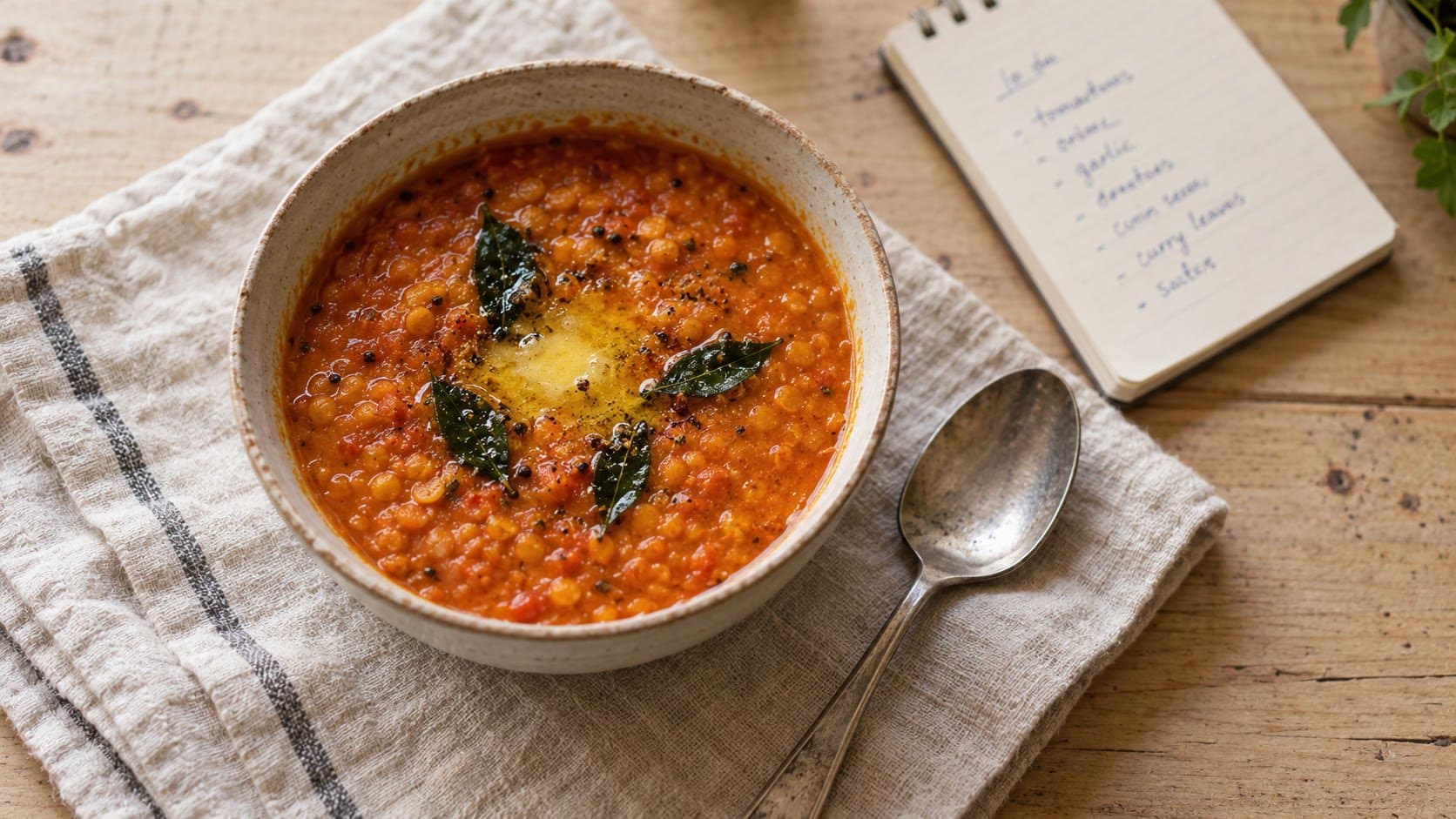 Overhead photograph of a bowl of homemade dhal in natural window light, representing a specific, well-defined food blog niche