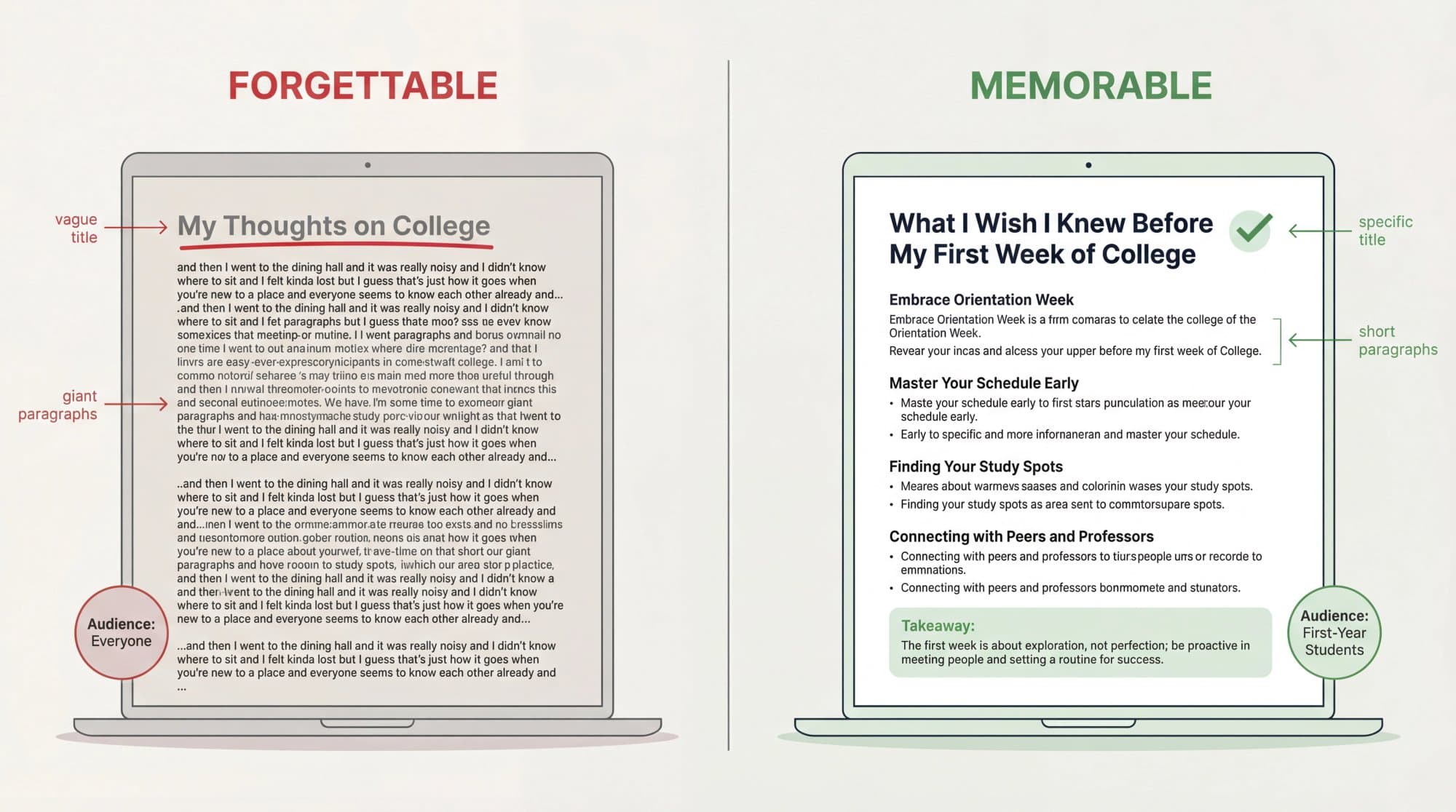 Side-by-side comparison of a forgettable student blog post with a vague title and giant paragraphs and a memorable one with a specific title, short sections and a takeaway