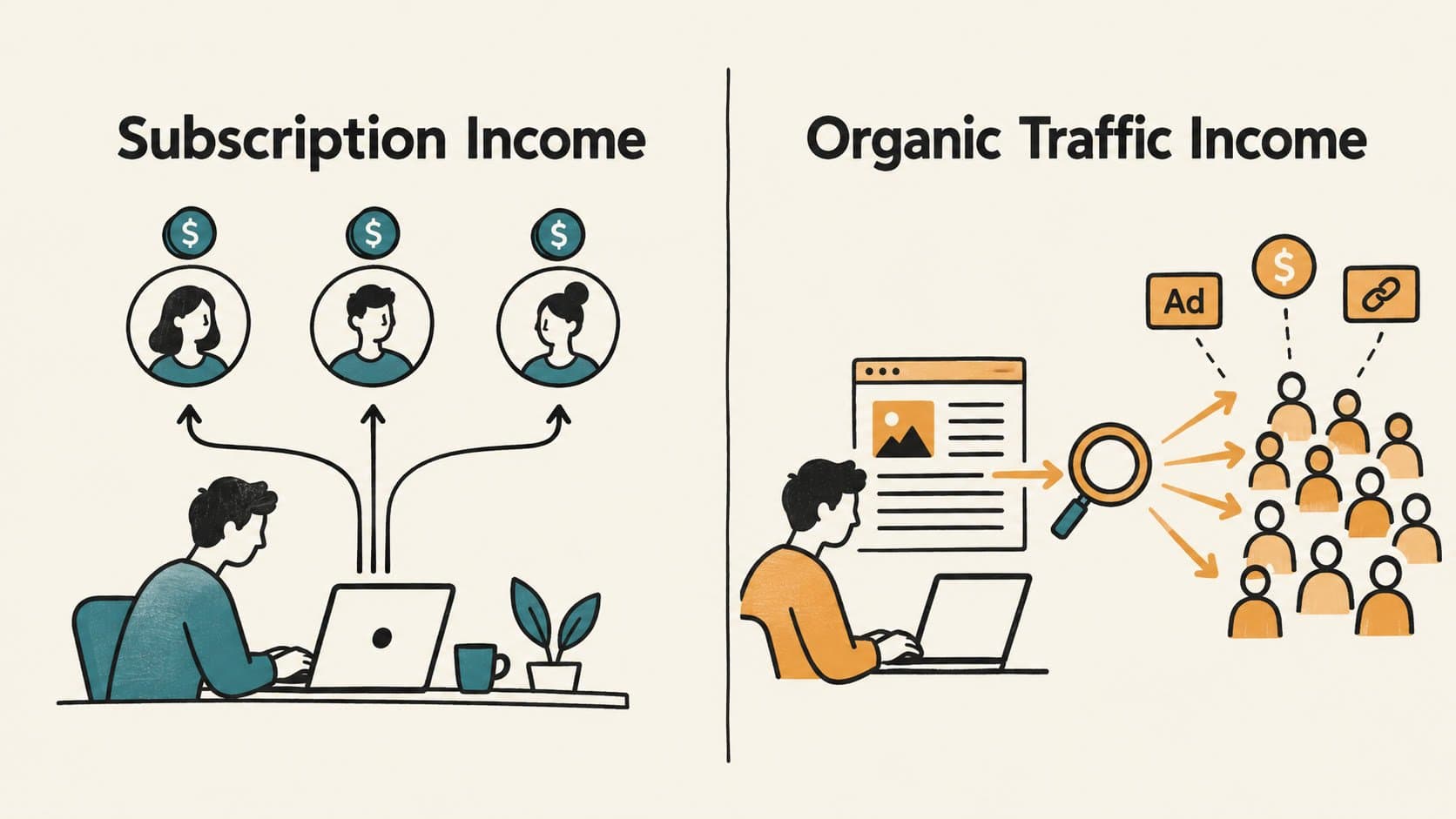 Two income models for bloggers: subscription revenue vs organic search traffic revenue compared
