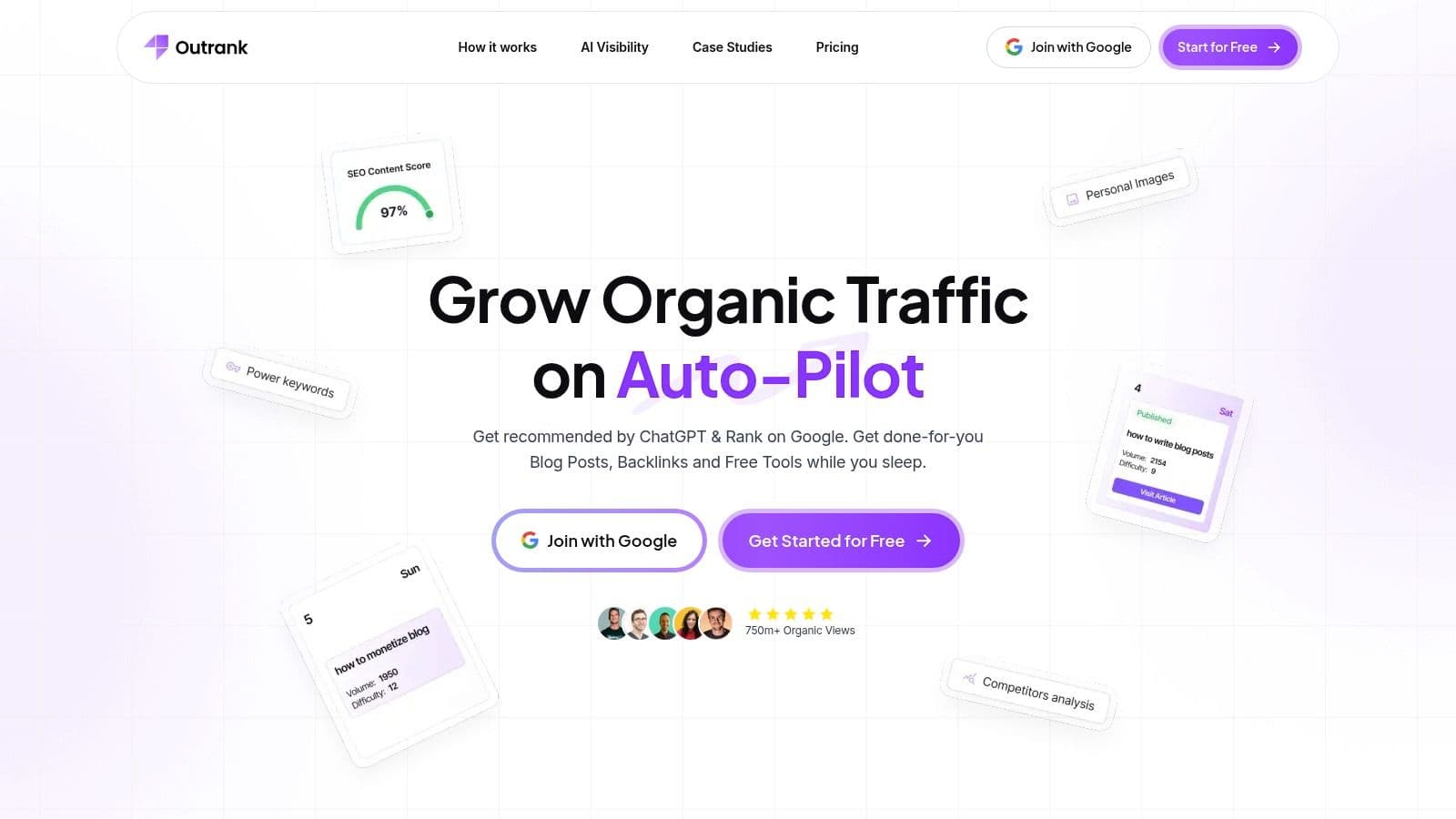 Screenshot of the Outrank homepage, an AI SEO platform that researches, writes and publishes articles