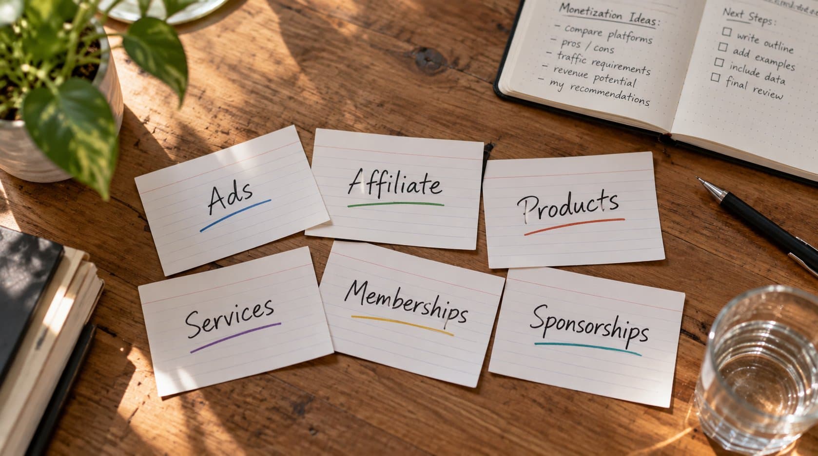 Six index cards on a desk labelled Ads, Affiliate, Products, Services, Memberships and Sponsorships: the six website monetization models