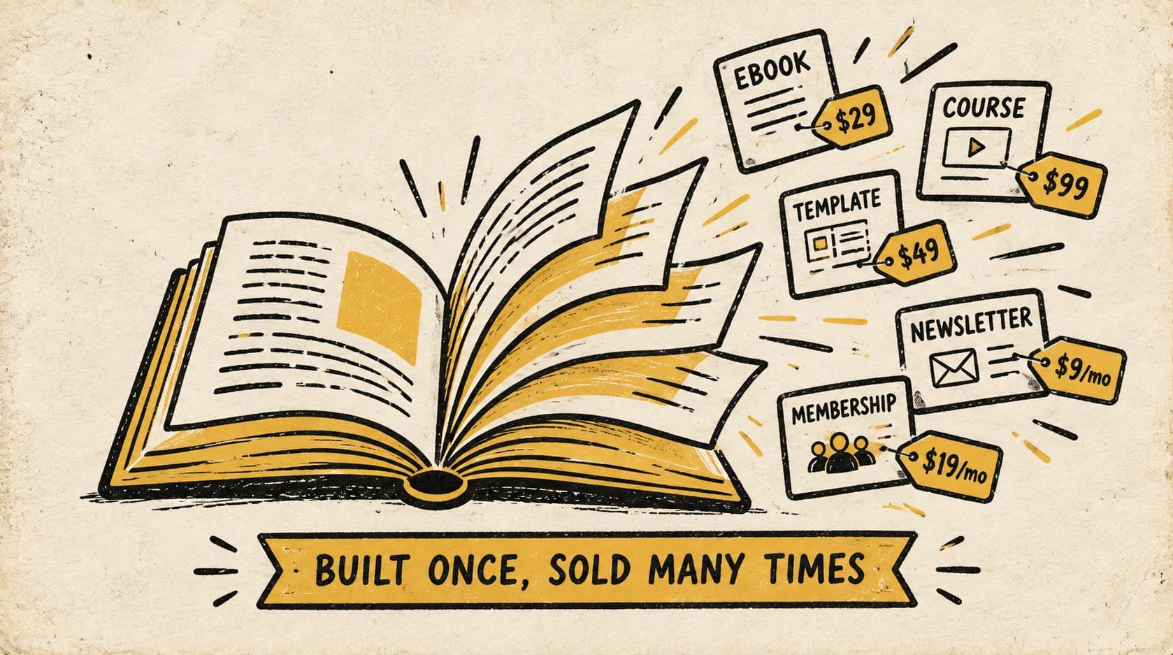 Illustration of an open book surrounded by price tags for an ebook, a course, a template, a newsletter and a membership: digital products are built once and sold many times