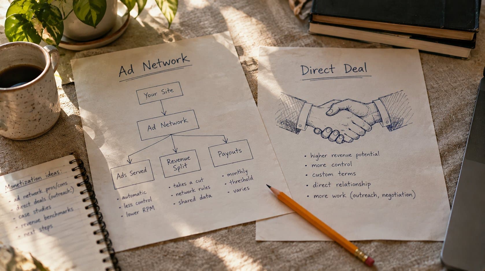 Two sheets of paper on a desk, one sketching how an ad network sits between your site and advertisers, the other listing the pros of a direct deal with a handshake