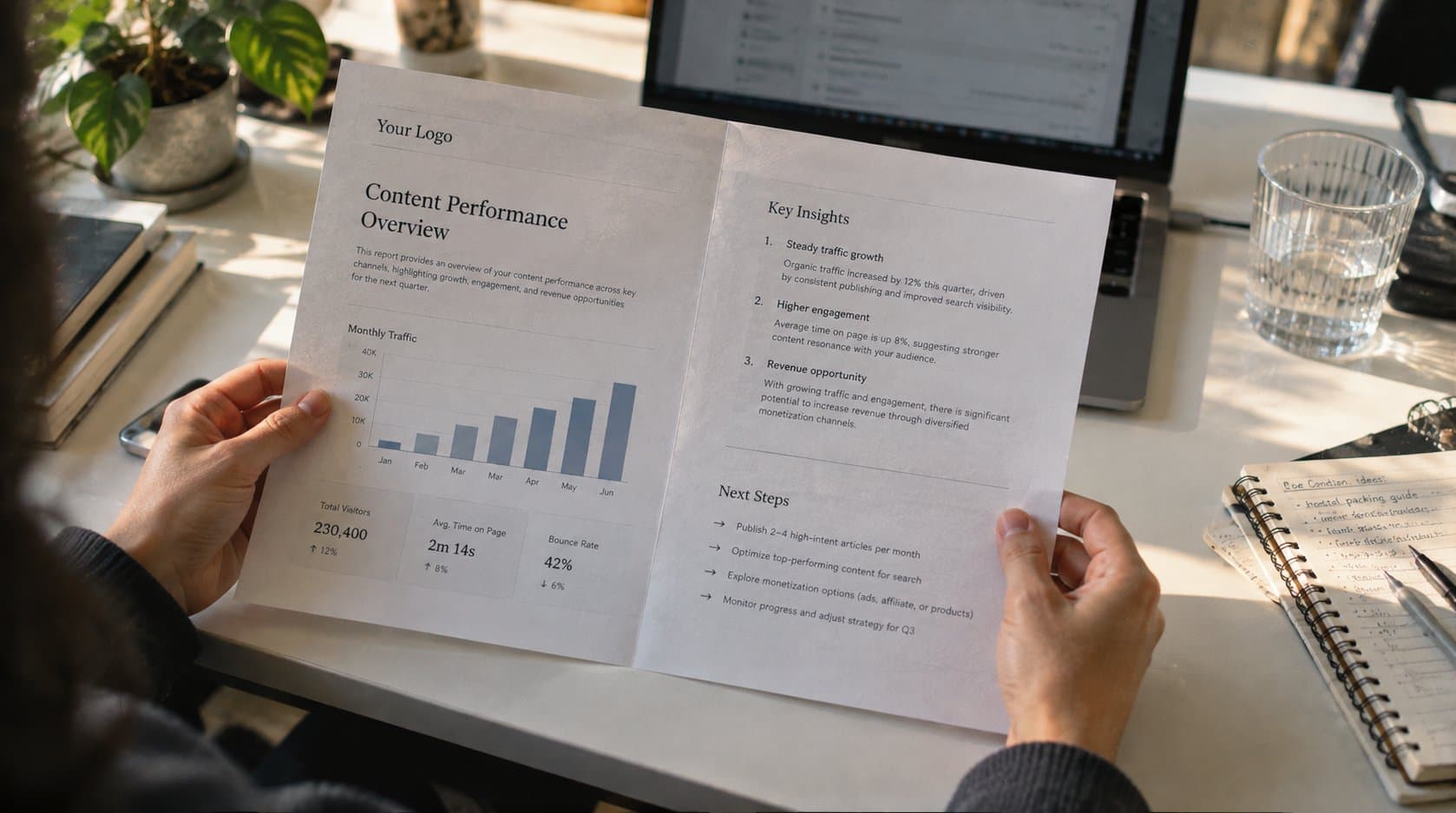 Person holding a printed content performance report with a bar chart and key metrics