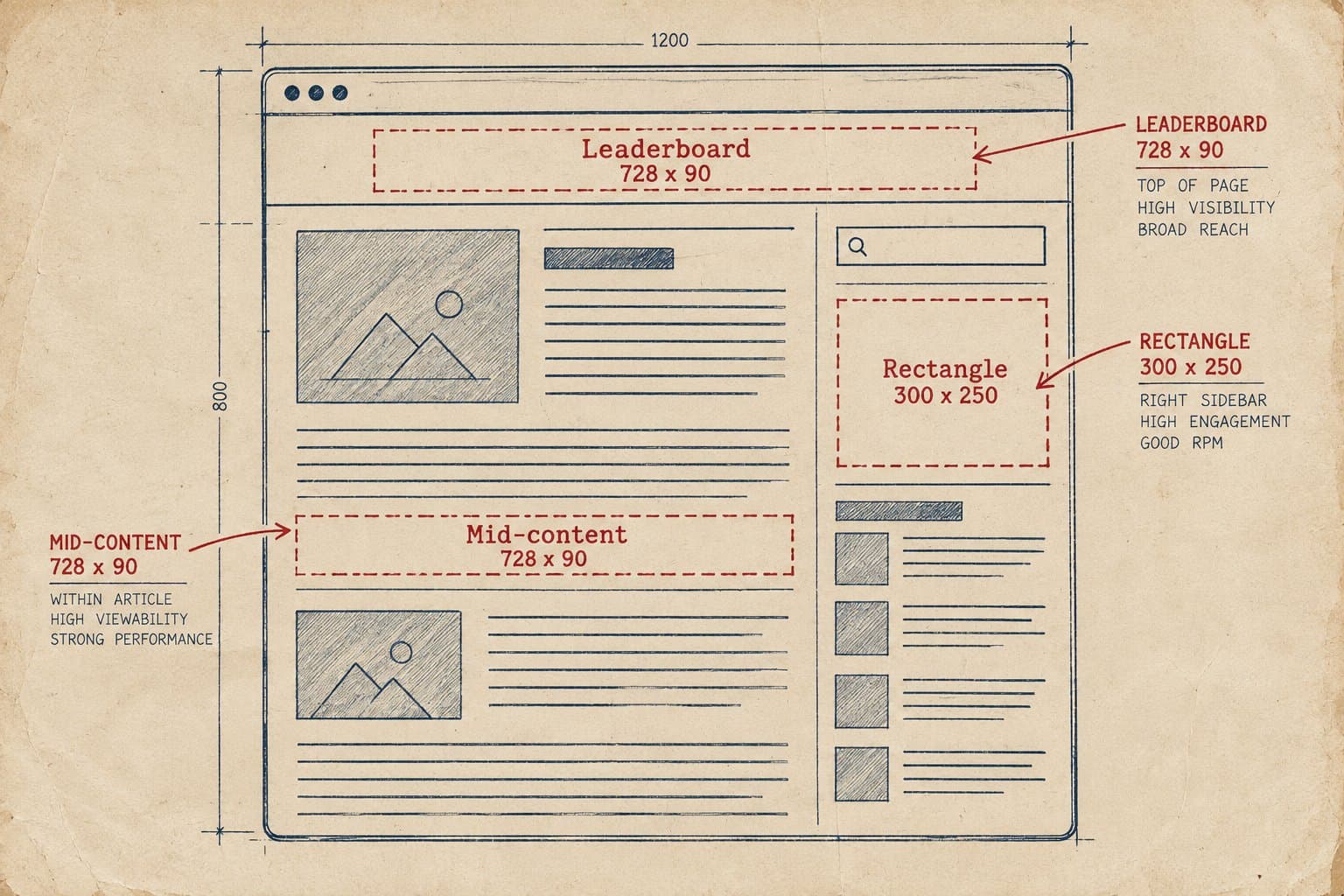 Wireframe of a web page marking a 728×90 leaderboard at the top, a 300×250 rectangle in the sidebar and a mid-content banner between paragraphs
