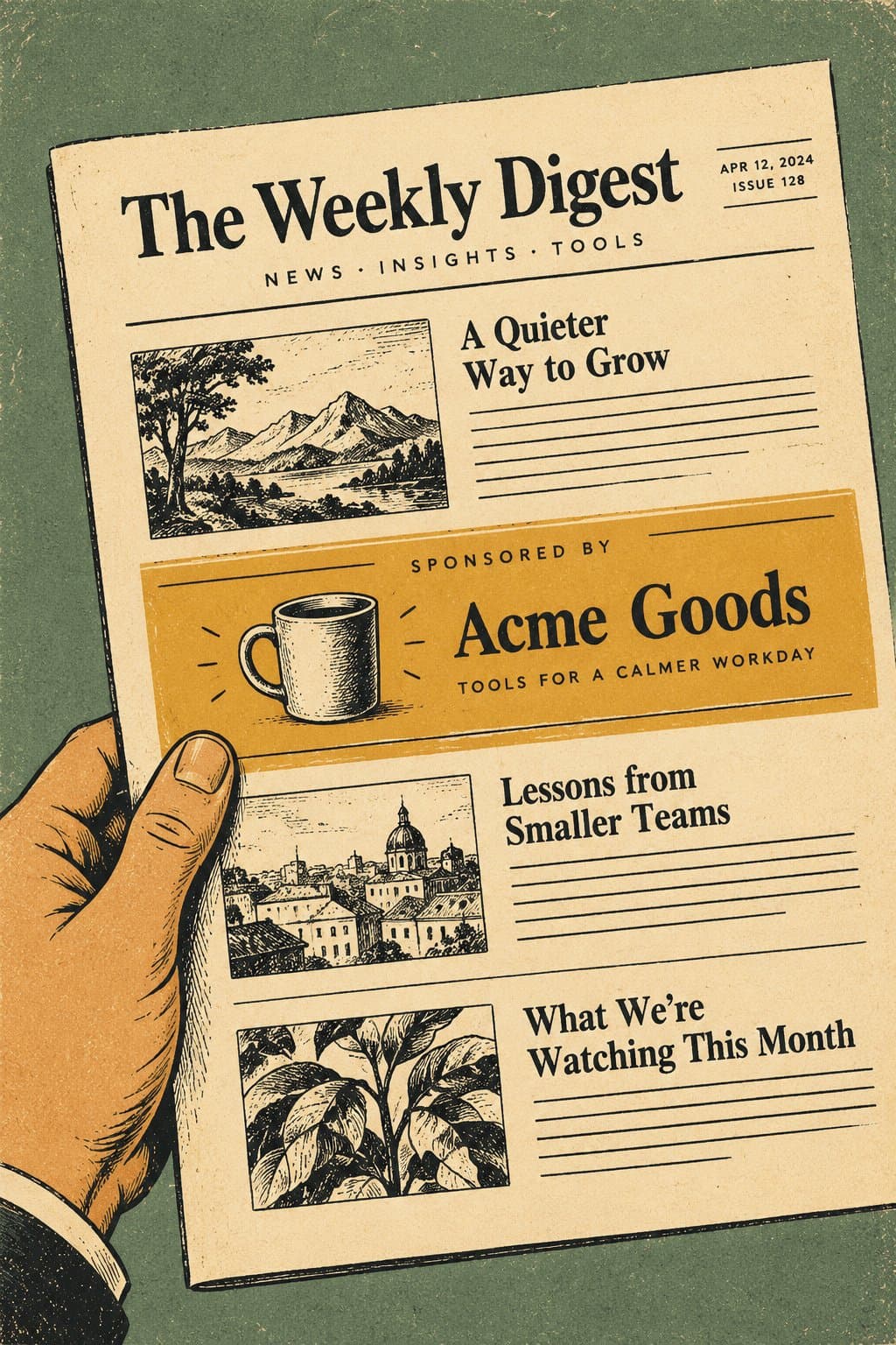 Hand holding a printed newsletter with a highlighted "Sponsored by" block between articles