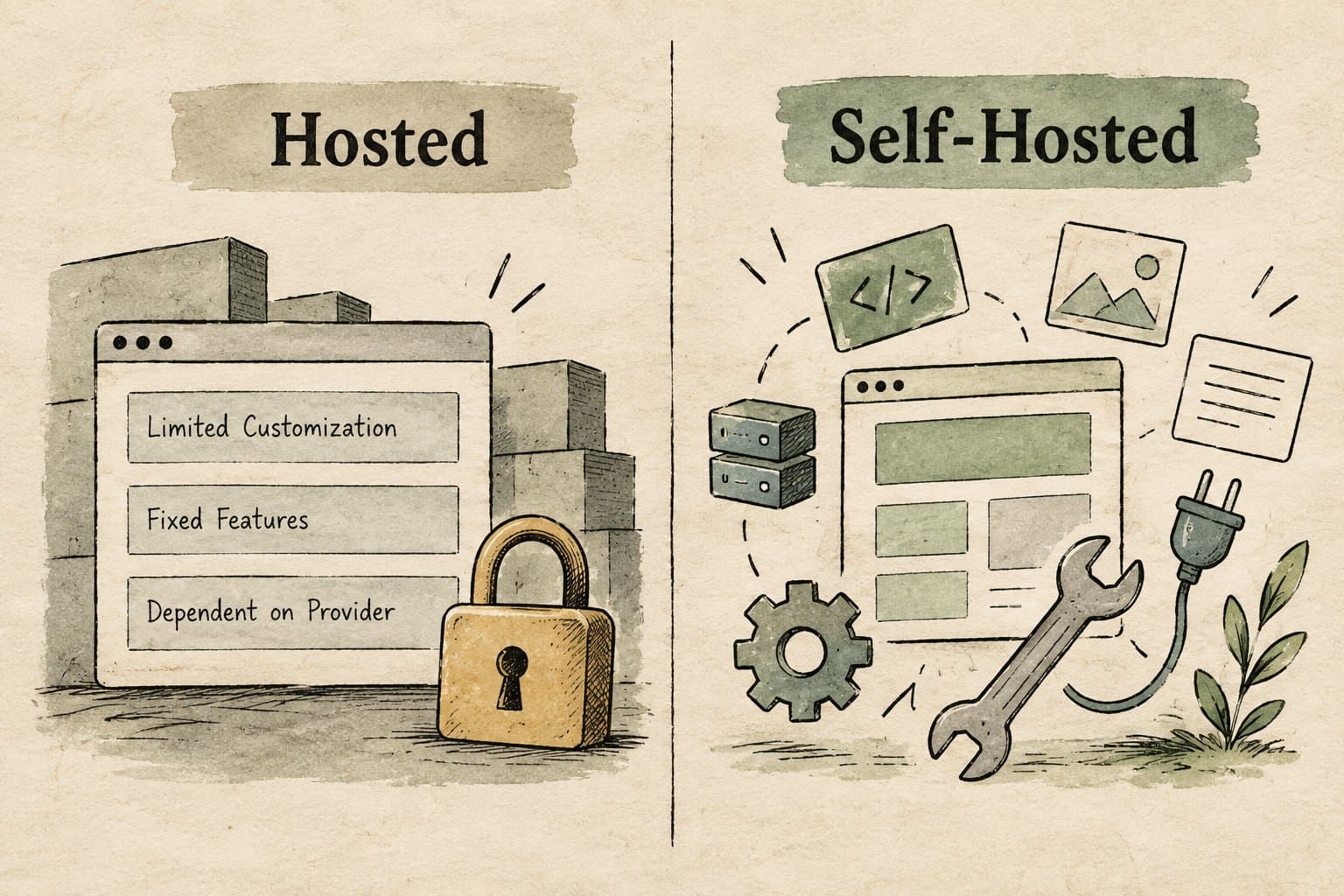 Illustration comparing hosted WordPress (limited customization, fixed features, dependent on the provider) with self-hosted WordPress (any plugin, theme or code)