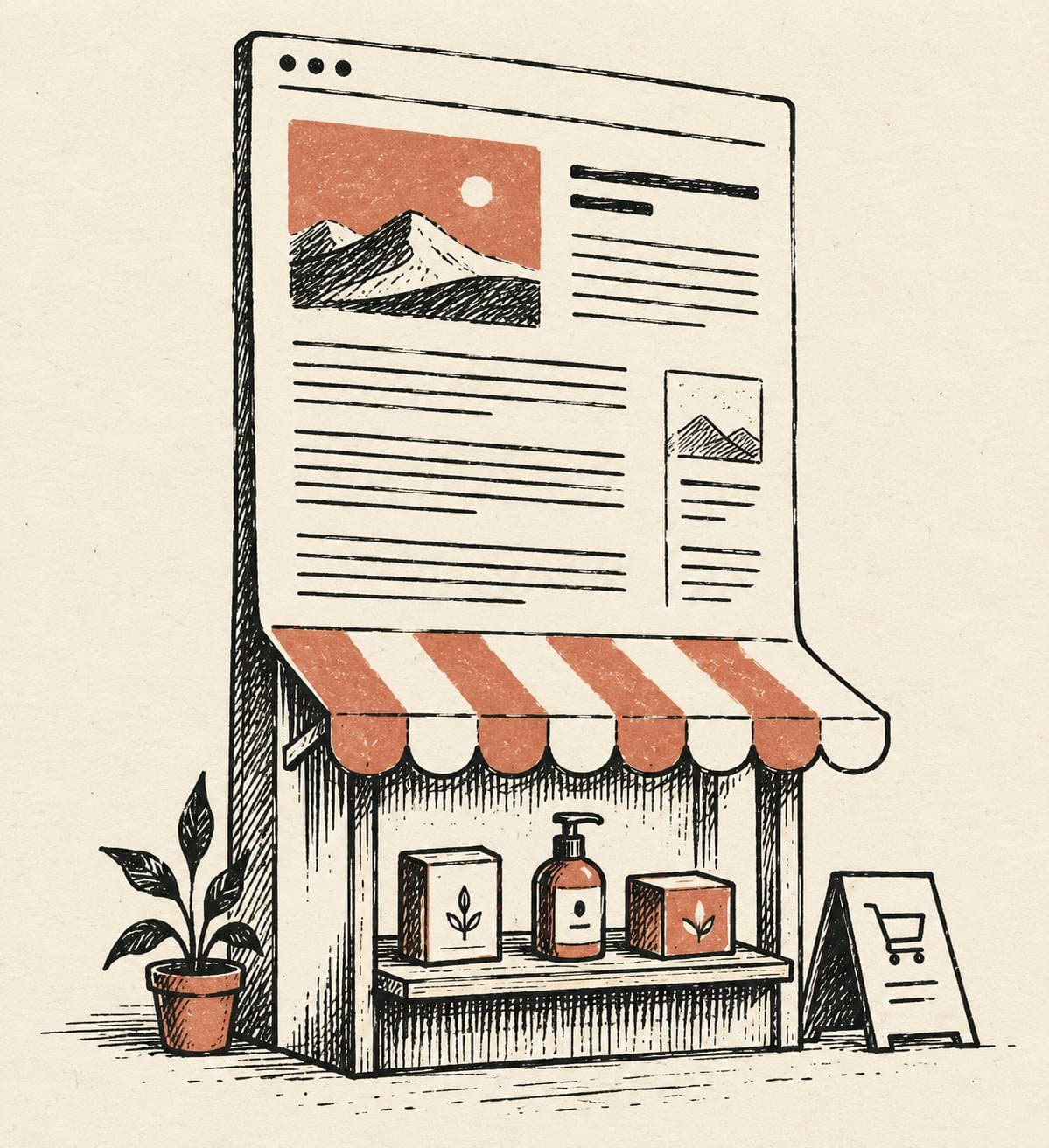 Illustration of a blog page that turns into a small shopfront with products on the counter: selling products directly from a WordPress blog