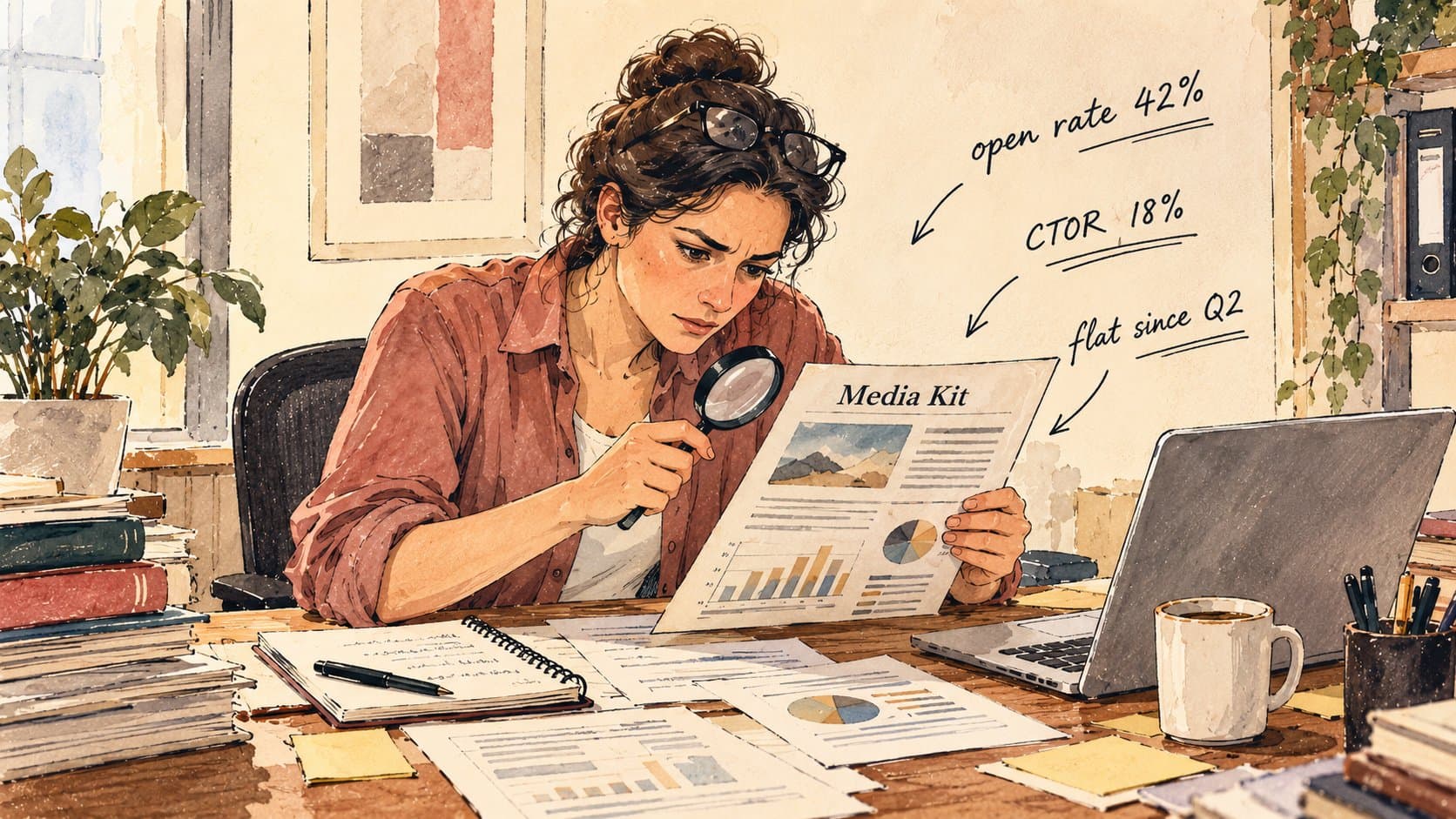 Woman examining a media kit with a magnifying glass, with handwritten notes about open rate, click-to-open rate and flat growth